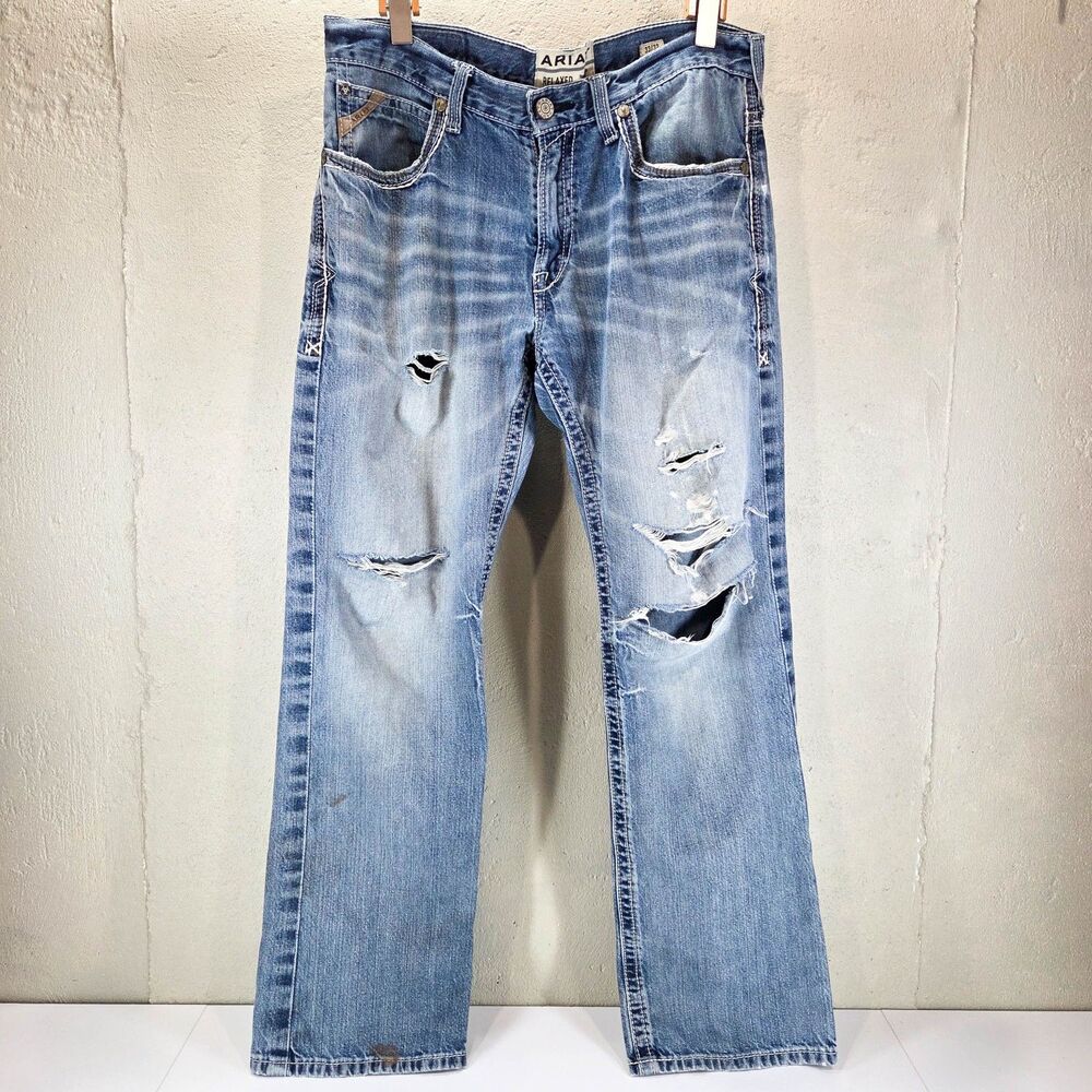 Ariat M4 Relaxed Boot Cut Distressed Blue Jeans Denim Men’s Sz 33x32